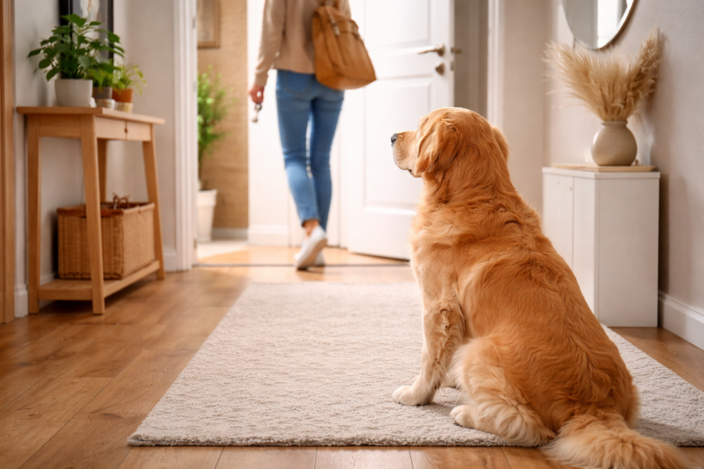 Hund sidder i entréen og ser en person gå ud af døren