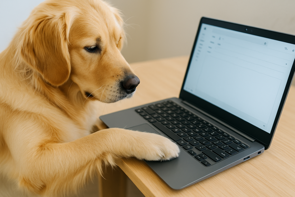 Golden Retriever med poten på tastaturet foran en åben bærbar computer.