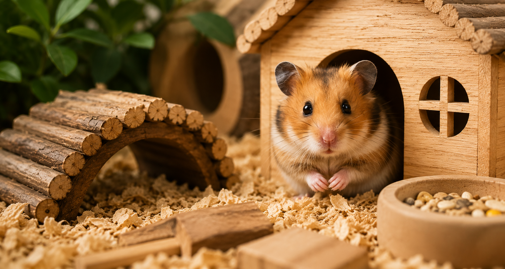 Træhus til hamster med hamster i naturligt indrettet bur
