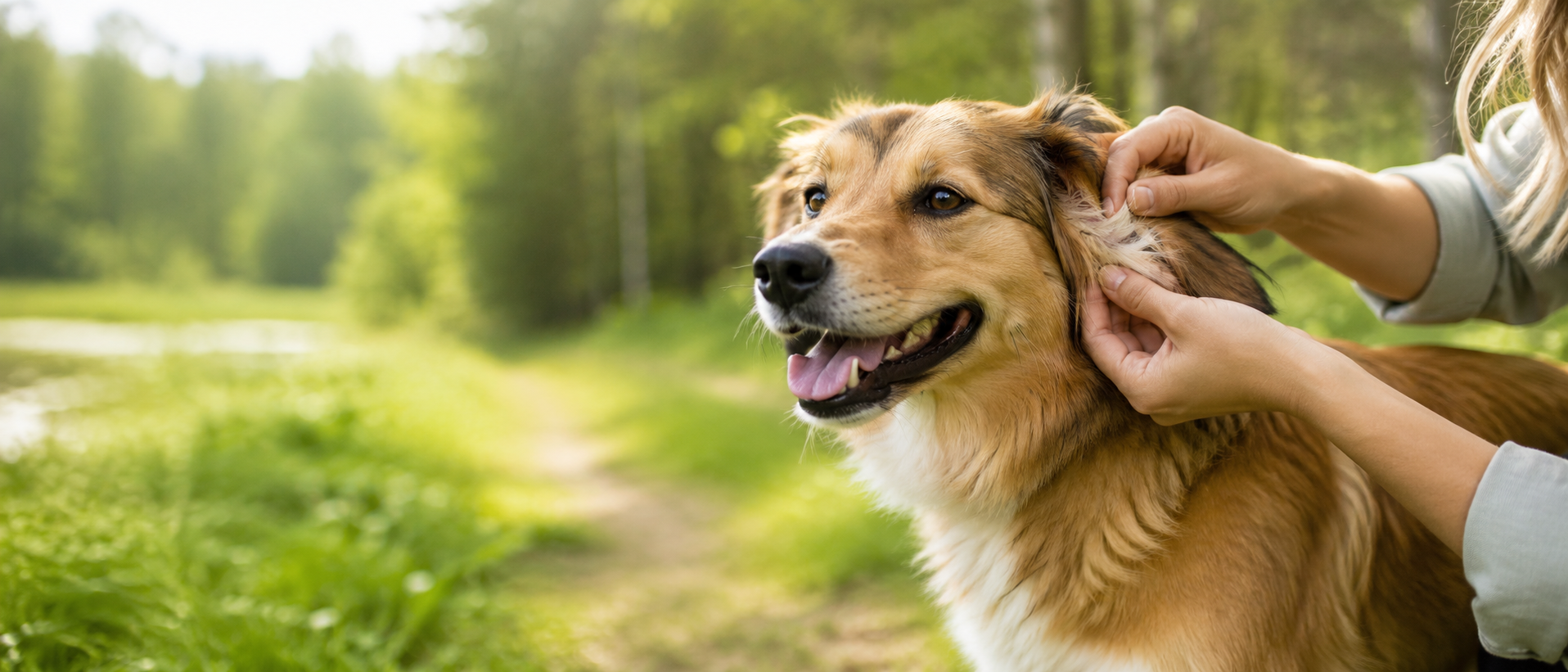 Hund bliver tjekket for flåter i naturen